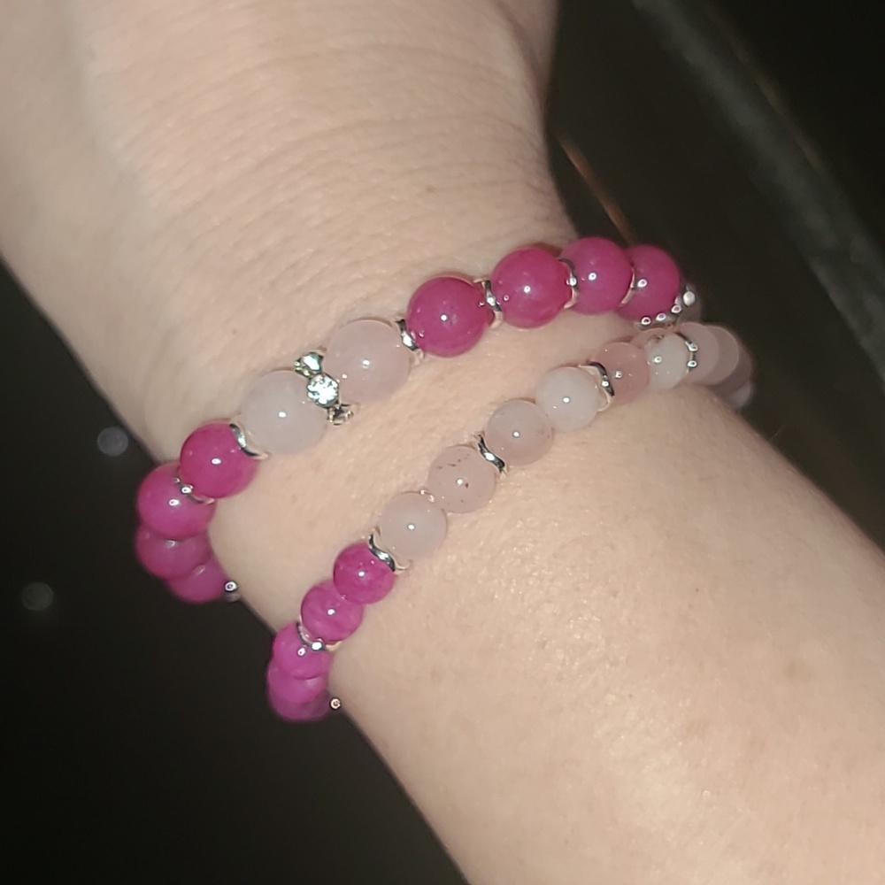 Vintage Set 2 Women's 7 inch Rose Quartz Ruby Bracelets Set Barbie Pink
